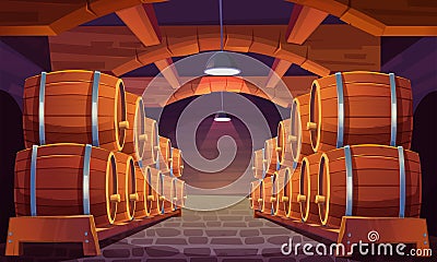 Vector wooden barrels with wine in cellar Vector Illustration