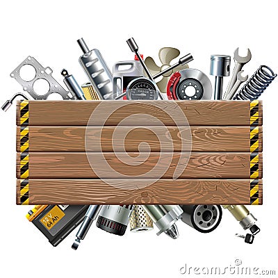 Vector Wooden Board with Car Spares Vector Illustration