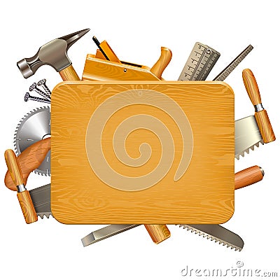 Vector Wooden Board with Carpentry Tools Vector Illustration