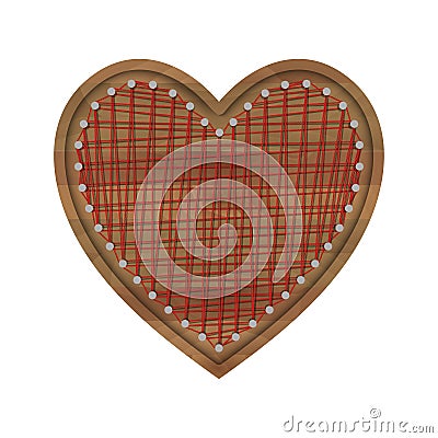 Vector wooden frame in shape of heart with woven thread heart inside. Design element for Valentine, wedding invitations Vector Illustration