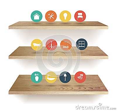 Vector wooden shelves isolated on white background Vector Illustration