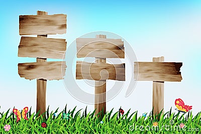 Vector wooden signboard with grass field Vector Illustration