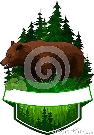 Vector woodland emblem with brown grizzly bear Vector Illustration