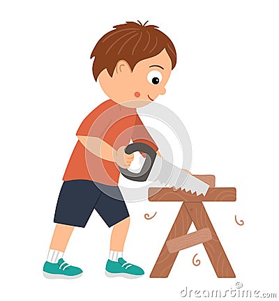 Vector working boy. Flat funny kid character sawing wood with a saw on work bench. Craft lesson illustration. Vector Illustration