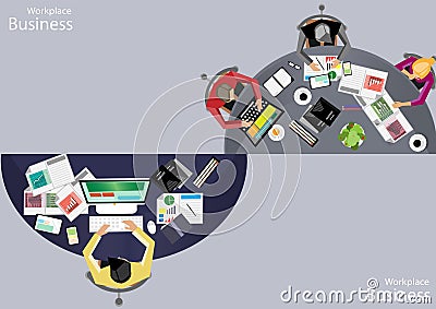 Vector Workplace business people view the use of modern communication technologies, notebooks, tablets, mobile phones, glasses, pe Vector Illustration