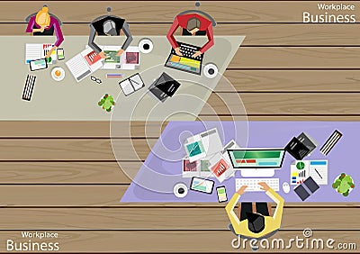 Vector Workplace businessman top view Modern communication technologies task, leveraging the mobile, Notebook, computer, tablet Vector Illustration