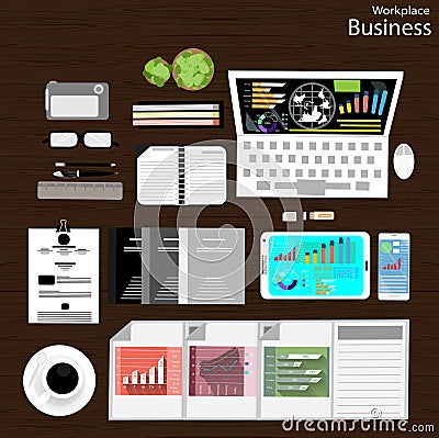 Vector Workplace businessman viewed the use of modern communication technologies, notebooks, tablets, mobile phones, cameras, penc Vector Illustration