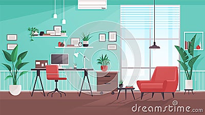Vector workplace modern design. Office, studio, cabinet or home workspace interior with furnitures Vector Illustration