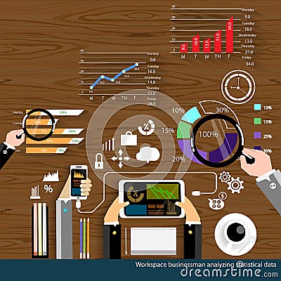 Vector Works places businessman analyzing statistical data flat design Vector Illustration