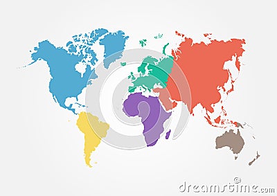 Vector World map with continent in different color ( flat design ) Vector Illustration