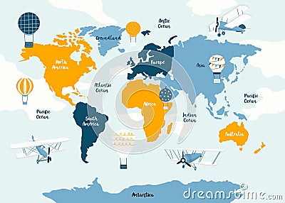 Vector world map for kids with cute cartoon planes and air balloons. Children's map design for wallpaper, kid's room Vector Illustration