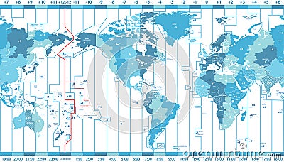 Vector world map of local time zones centered by America Vector Illustration