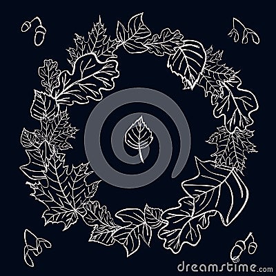 Vector wreath border with maple, birch, oak, acorn, tulip tree l Vector Illustration