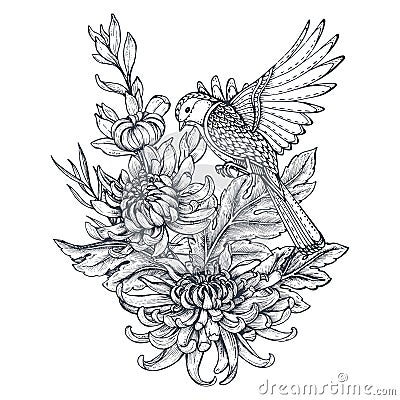 Vector wreath with hand drawn chrysanthemum flowers and a bird Vector Illustration