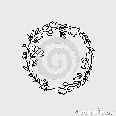 Vector wreath made with branches, leaves and flowers in trendy linear style - abstract frame. Vector Illustration