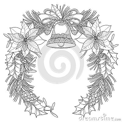 Vector wreath with outline Poinsettia flower, holly berry, mistletoe, pine, cone and bell with bow isolated on white background. Vector Illustration