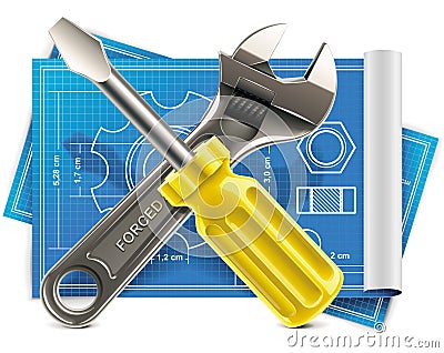 Vector wrench and screwdriver on blueprint XXL ico Vector Illustration