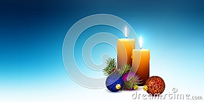 Vector XMAS Greeting Card Template with Two Orange Candles and Cold Blue Abstract Background. Stock Photo