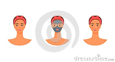 vector yang woman face mask. acne before and after. skin care flat illustration Cartoon Illustration