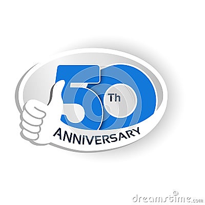 Vector 50 years anniversary, blue number with silver ribbon - thumb up, hand gesture, symbol of best choice Vector Illustration