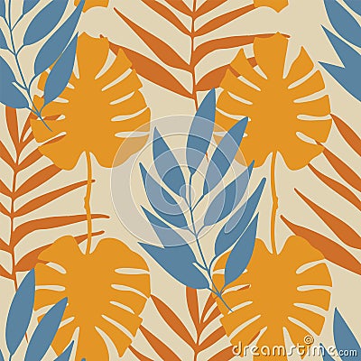 Vector yellow and blue tropical leaves seamless pattern repeat Vector Illustration