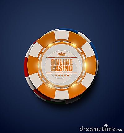 Vector yellow casino poker chips with luminous light elements, top view. Dark blue background. Online casino, blackjack poster Vector Illustration