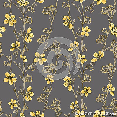 Vector yellow grey flowers trees seamless pattern Stock Photo