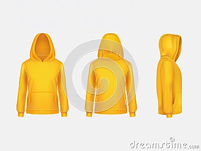 Vector yellow hoodie sweatshirt 3d realistic mockup template on white background. Fashion long sleeve, clothing pullover Vector Illustration