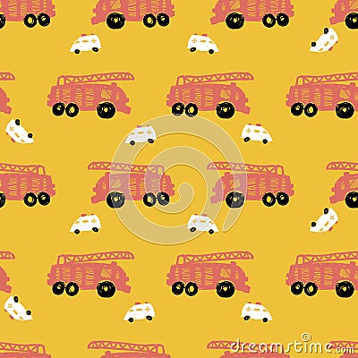 Vector yellow pen skech rows of cute fire truck and ambulance seamless pattern. Suitable for textile, gift wrap and Vector Illustration