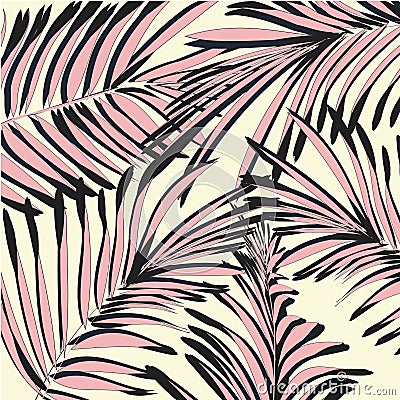 Vector yellow pink palm leaves. Beach exotic summer print. Tropical tree wallpaper texture. Modern natural painting Vector Illustration