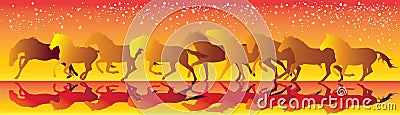 Vector yellow and red background with horses running gallop Vector Illustration