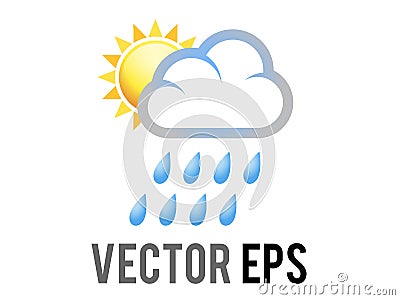 Vector yellow sun half icon covered by rain cloud with blue raindrops Vector Illustration