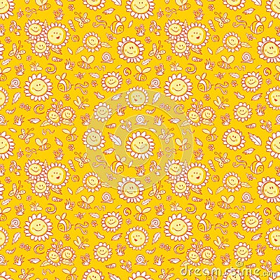 Vector yellow sunflowers and bees repeat pattern texture with orange outlines. Suitable for gift wrap, textile and wallpaper Stock Photo