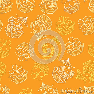 Vector yellow tropical birthday party cupcakes seamless pattern background. Perfect for fabric, scrapbooking, wallpaper projects Stock Photo