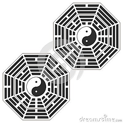 Yin and yang symbol with Bagua Trigrams.Two variant bagua arrangement. Vector Illustration