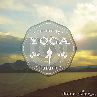 Vector yoga illustration. Name of yoga studio on a blurred sea background. Vector Illustration