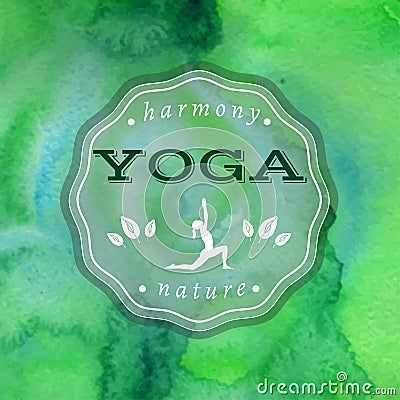 Vector yoga illustration. Name of yoga studio on a green watercolors background. Vector Illustration