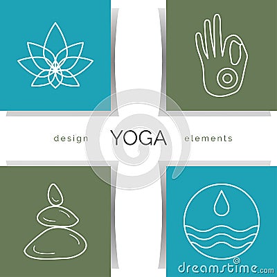 Vector yoga illustration. Set of linear yoga icons, yoga logos in outline style. Vector Illustration