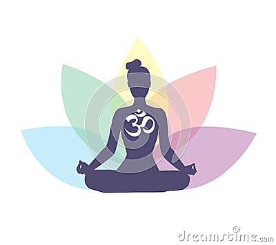 Vector yoga and meditation logo illustration with woman silhouette and lotus flower Vector Illustration