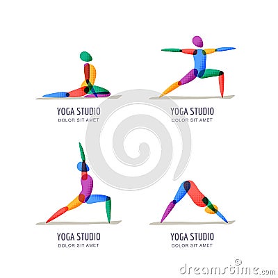 Vector yoga studio logo, emblem design template. Colorful female silhouette in different yoga poses, isolated icons set Vector Illustration