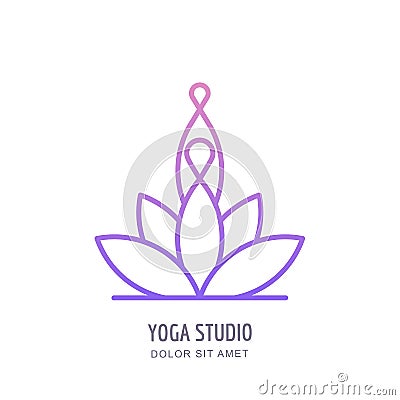 Vector yoga studio or school outline logo, emblem, label design template. Line human silhouette in lotus position. Vector Illustration