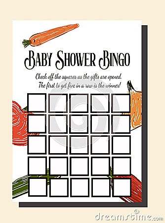 Locally Grown Farmer's Market Themed Baby Shower Bingo Game Vector Illustration