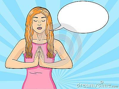 Vector of a young brunette girl doing yoga in the lotus position in pop art style text bubble Vector Illustration