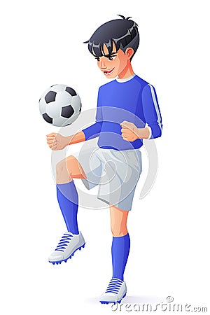 Vector young football or soccer player boy juggling with ball. Vector Illustration