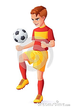 Vector young football or soccer player boy juggling with ball. Vector Illustration