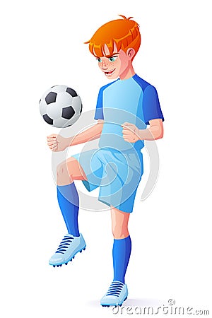 Vector young football or soccer player boy juggling with ball. Vector Illustration