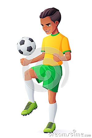 Vector young football or soccer player boy juggling with ball. Vector Illustration