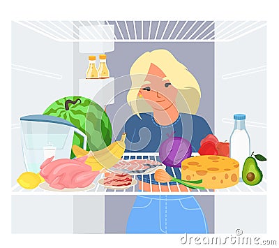 Vector young girl looking inside opened refrigerator Vector Illustration