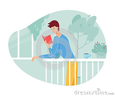 Vector young man enjoy reading standing on balcony Vector Illustration