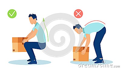 Vector of a young man lifting up a heavy box in a safe and unsafe way for his back Vector Illustration